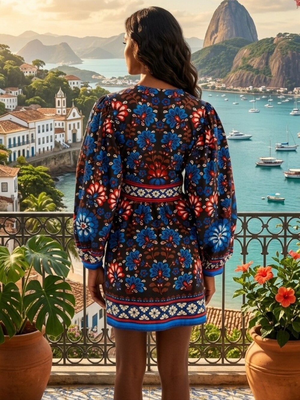 FARM Rio Black Latina Scarf Puff Sleeve Mini Dress - Picture 2 of 11